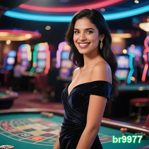 Dealer sorridente em cassino, representando a diversão e entusiasmo do site br9977.